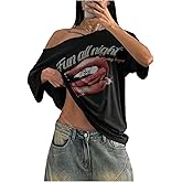 SweatyRocks Women's Off The Shoulder Oversized T Shirts Lip Graphic Tees Streetwear Punk Y2k Tops