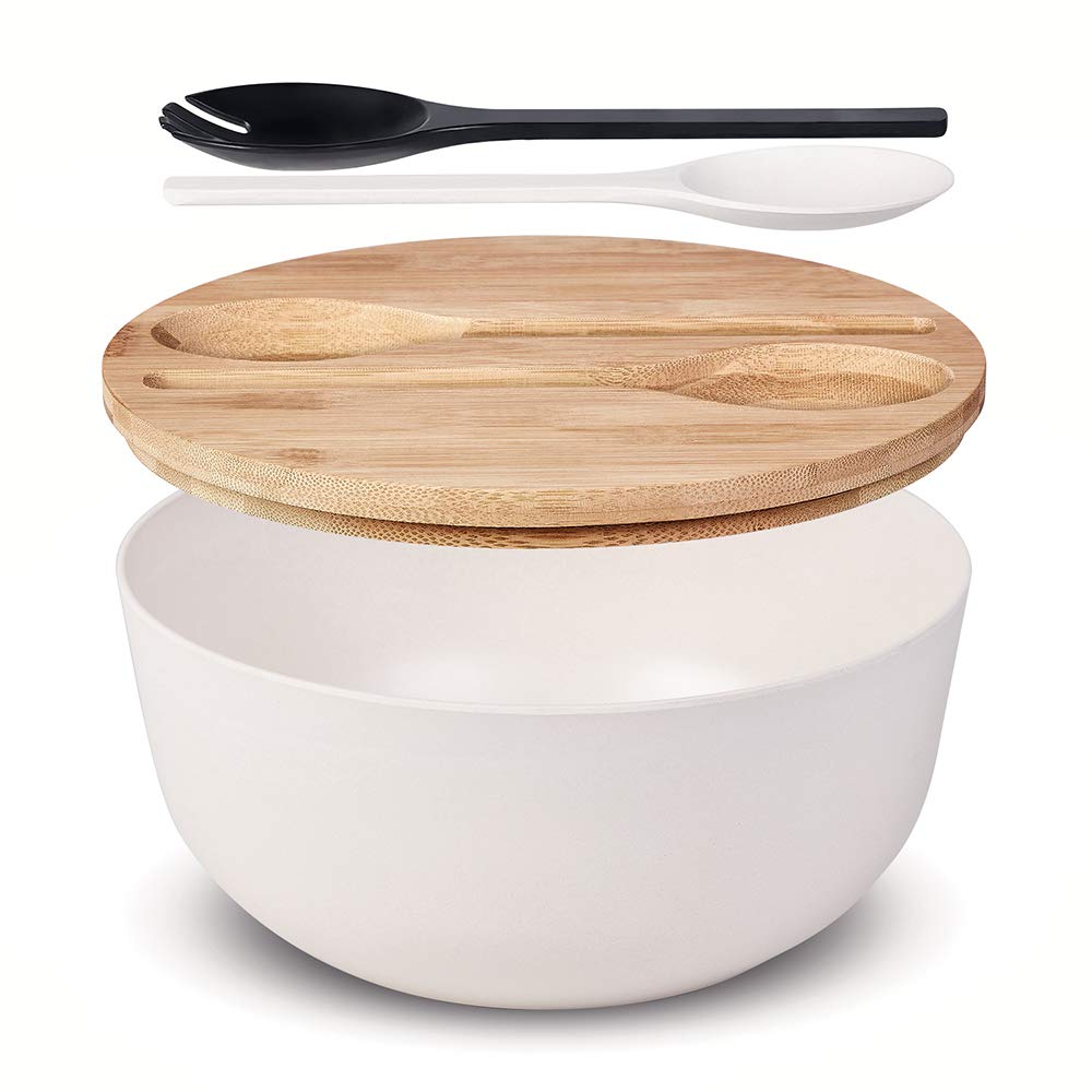 Photo 1 of 10” Bamboo Fiber Large Salad Serving Bowl Set with Wooden Lid & Servers, 3.5Qt Big Bowl with Utensils for Mixing Salad,Fruit,Pasta,Lightweight & Dishwasher Safe, Ideal Gift for Home - Matte White