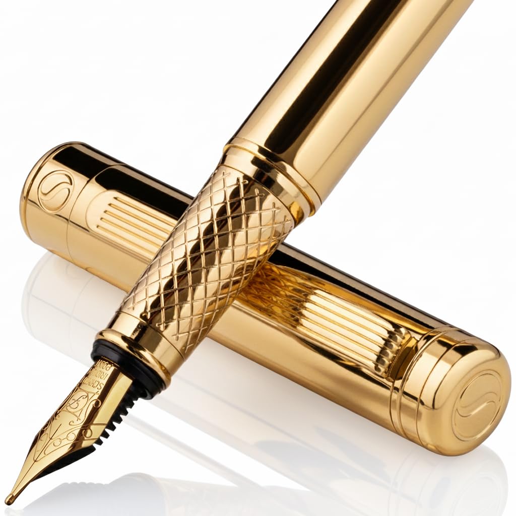 Scriveiner Luxury Fountain Pen - Stunning Gold Pen, Real Gold Plating, Schmidt Gilded Nib (Fine), Converter, Best Pen Gift Set for Men & Women, Professional, Executive, Office, Nice Pens