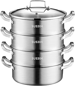 Stainless Steel Steamer Pot, Cookware Food Steamer Cooking Pot Multi-Purpose Steamer Saucepot Boiler with Lid, Anti-Stick Pot, for Cooking,28cm