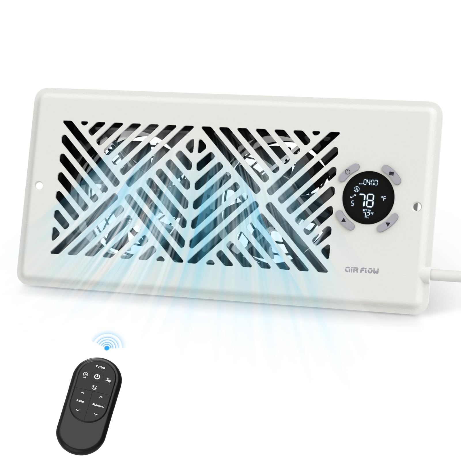 Photo 1 of Azocek Register Booster Fan for 4” x 10” Vents – Quiet Smart Vent Fan with Dual Temp Sensors, 11-Speed PWM Motor, Remote & Auto Mode – Boosts Heating & Cooling Airflow – White