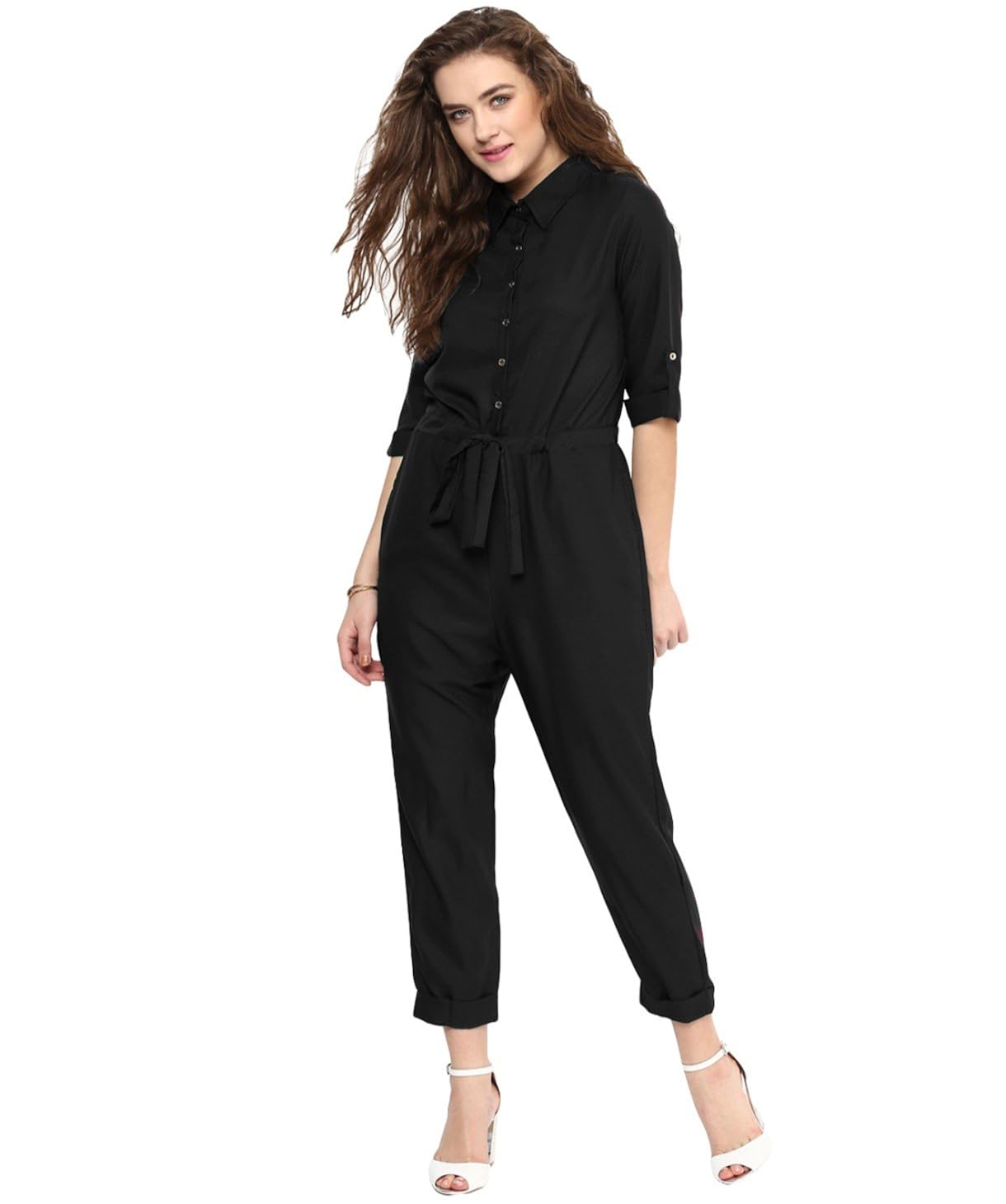 uptownie lite women's crepe roll up jumpsuit (black)