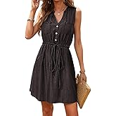 Dokotoo Womens Summer 2026 V Neck Sleeveless Button Down Lightweight Casual Jean Dress Drawstring Short Dress