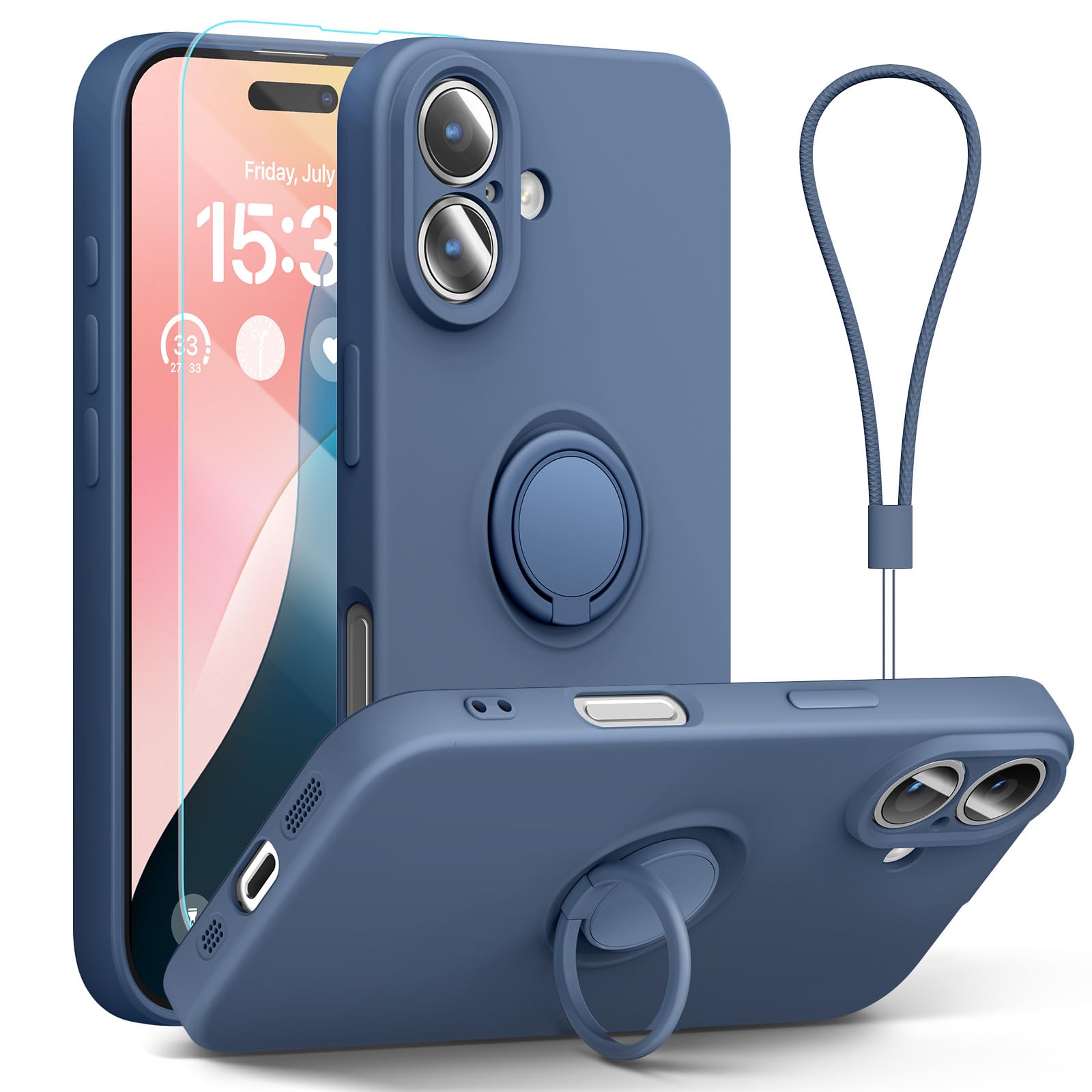 abitku for iPhone 16 Plus Case with Ring Stand, Liquid Silicone Slim Design Support Magnetic Car Mount (with Wrist Strap Lanyard) Phone Cover for iPhone 16 Plus 6.7 inch (Blue)