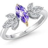 Gem Stone King 925 Silver and 10K Yellow Gold Blue Tanzanite and Lab Grown Diamond Engagement Ring | 0.93 Cttw | Marquise 8X4MM and 4X2MM | Wedding Anniversary Promise Ring For Women | Size 5,6,7,8,9