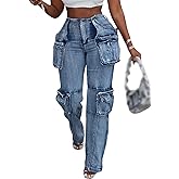 LKOUS Womens Casual High Waisted Cargo Jeans Baggy Stretchy Zip Side Slit Denim Pants with Multi Pockets