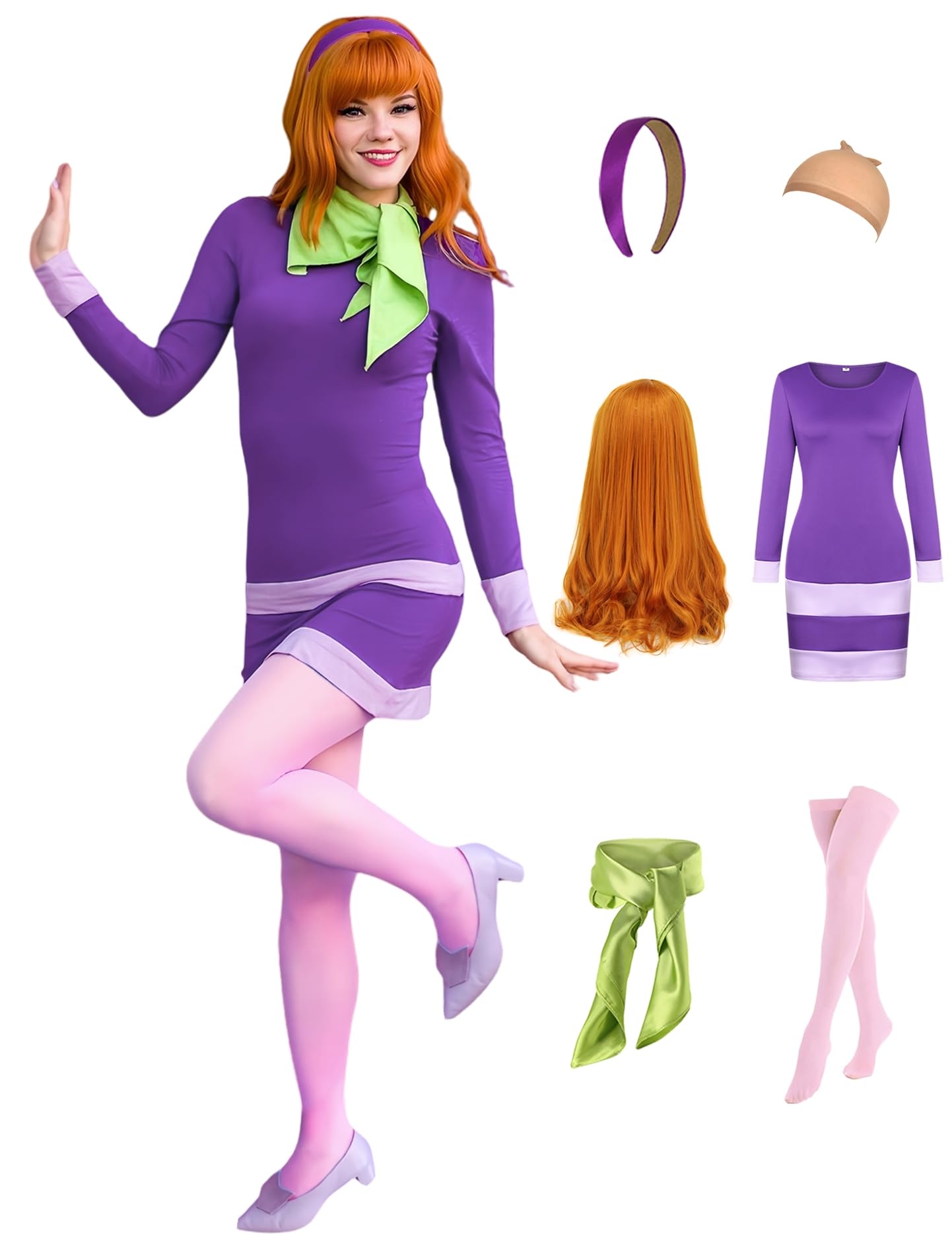 Photo 1 of Daphne Costume Women Adult Halloween Costume Purple Dress Cosplay Outfits with Accessories Scarf Wig Headband Socks RA034XS XS