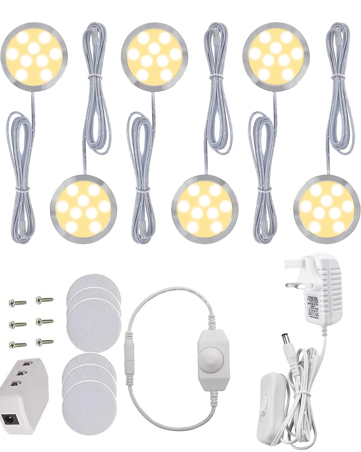 Dimmable Puck Lighting, 6 Pack Warm White LED Spot Display Lights for Showcase, Book Shelf, Under Cupboard, Closet etc - Set of 6 Warm White, 3000K