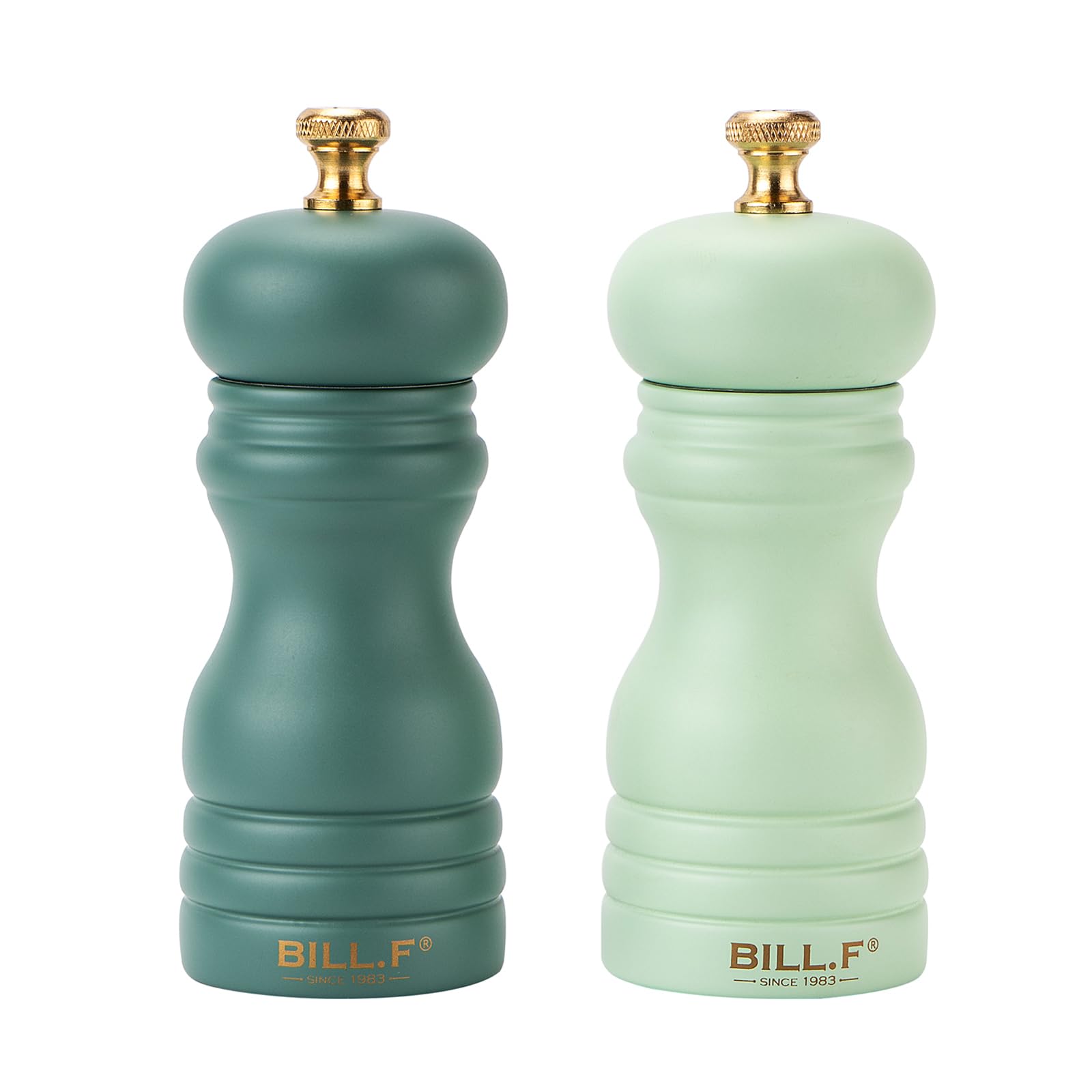 Bill.F Salt and Pepper Grinder Set, Wood Pepper Mill Set of 2 Manual Salt Pepper Shakers Grinder Refillable 5 Inch with Adjustable Ceramic Grinding Rotor（Set of 2 Green）