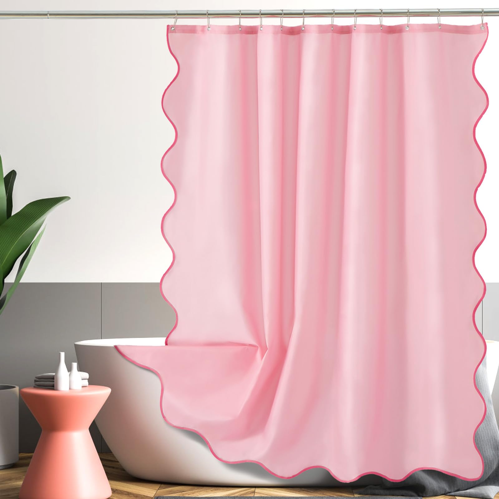 Photo 1 of ***(HEAVILY USED/ MINOR DAMAGE)***ORTIGIA Pink Scalloped Shower Curtain 72 W x 84 H Inch Extra Long, Cute Pink Ruffle Shower Curtains Boho Aesthetic Preppy Waterproof Fabric Bath Bathroom Decor with Metal Hook