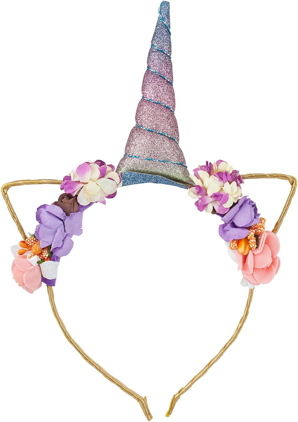 Lux Accessories Gold Tone Glittery Pastel Unicorn Horn Flowers Fashion Headband