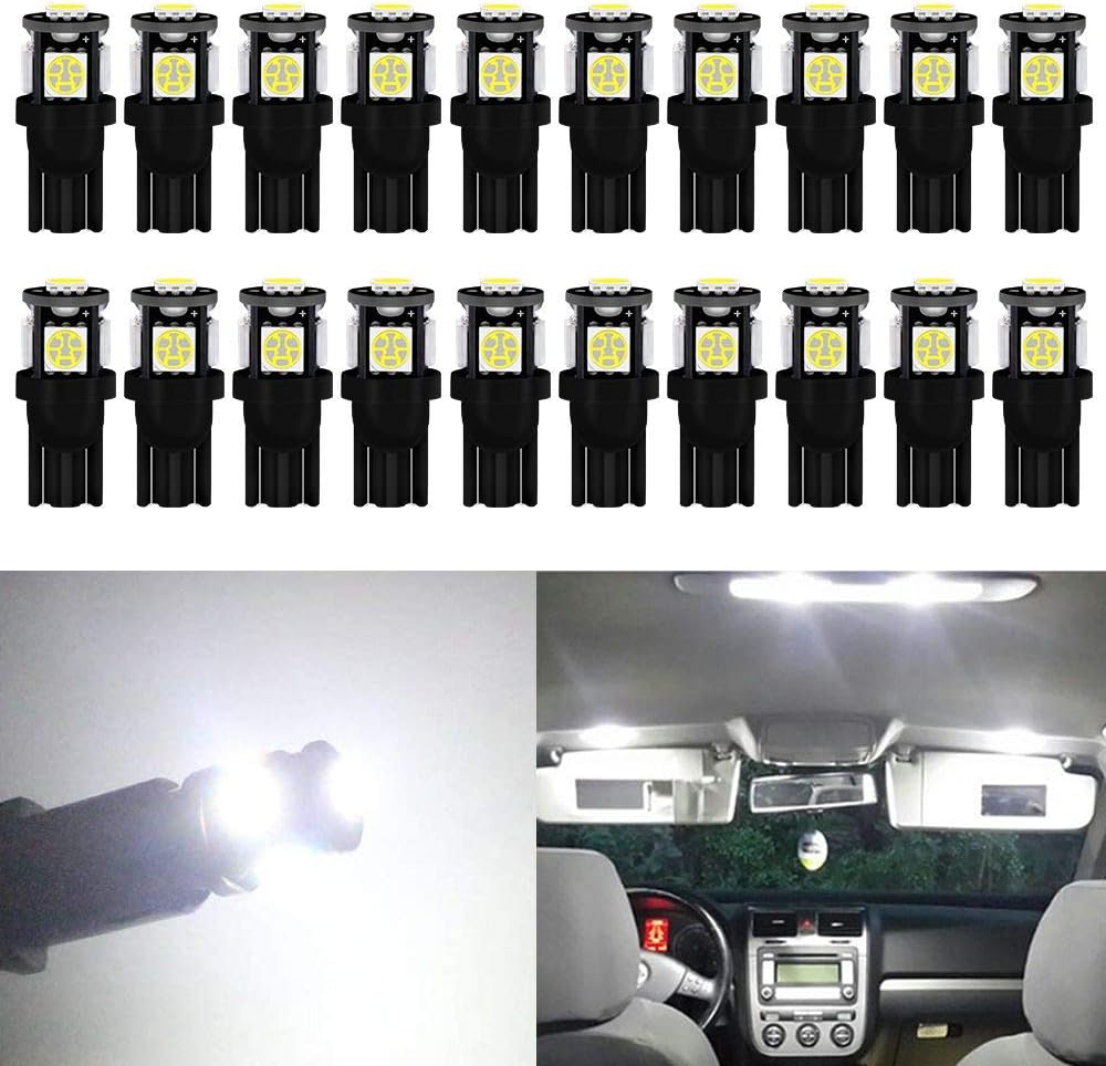 Alopee W5W LED Bulb White 5SMD 5050 Chips 6500K T10 501 Led Bulbs 12V Car Replacement for Map Dome Courtesy Number Plate Dashboard Side Marker Light (20 Pack)