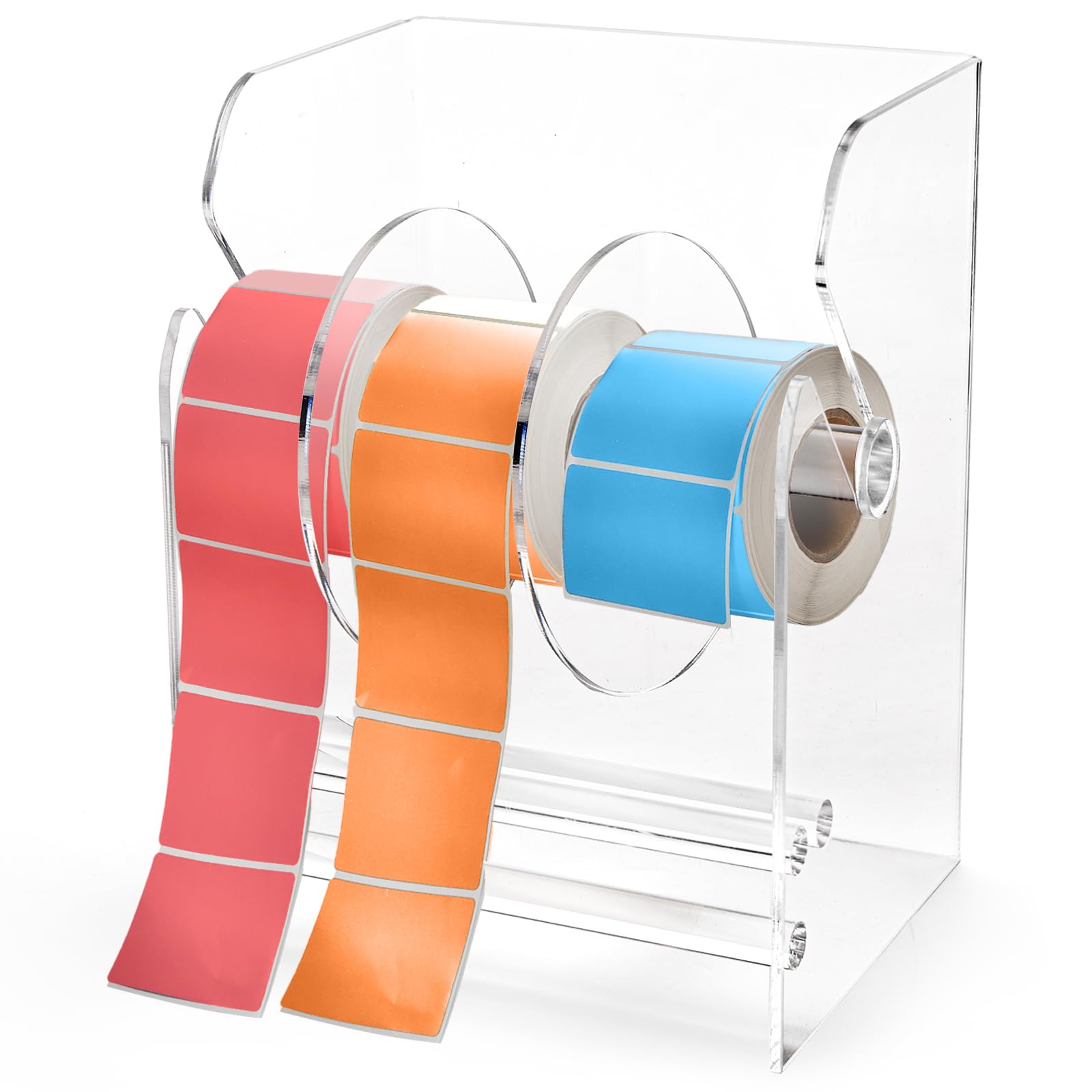 Photo 1 of Lawei Adjustable Label Dispenser, 3 Disks Acrylic Label Dispenser Sticker Roll Holder, Transparent Tape Label Holder Rolls Organizer, Individual Sticker Stand Label Holders for Office Home Desktop