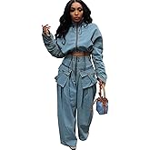 Angsuttc Womens Two Piece Sets Denim Outfit Ruched Long Sleeve Zip Up Cropped Jean Jacket Wide Leg Pants Chic Set