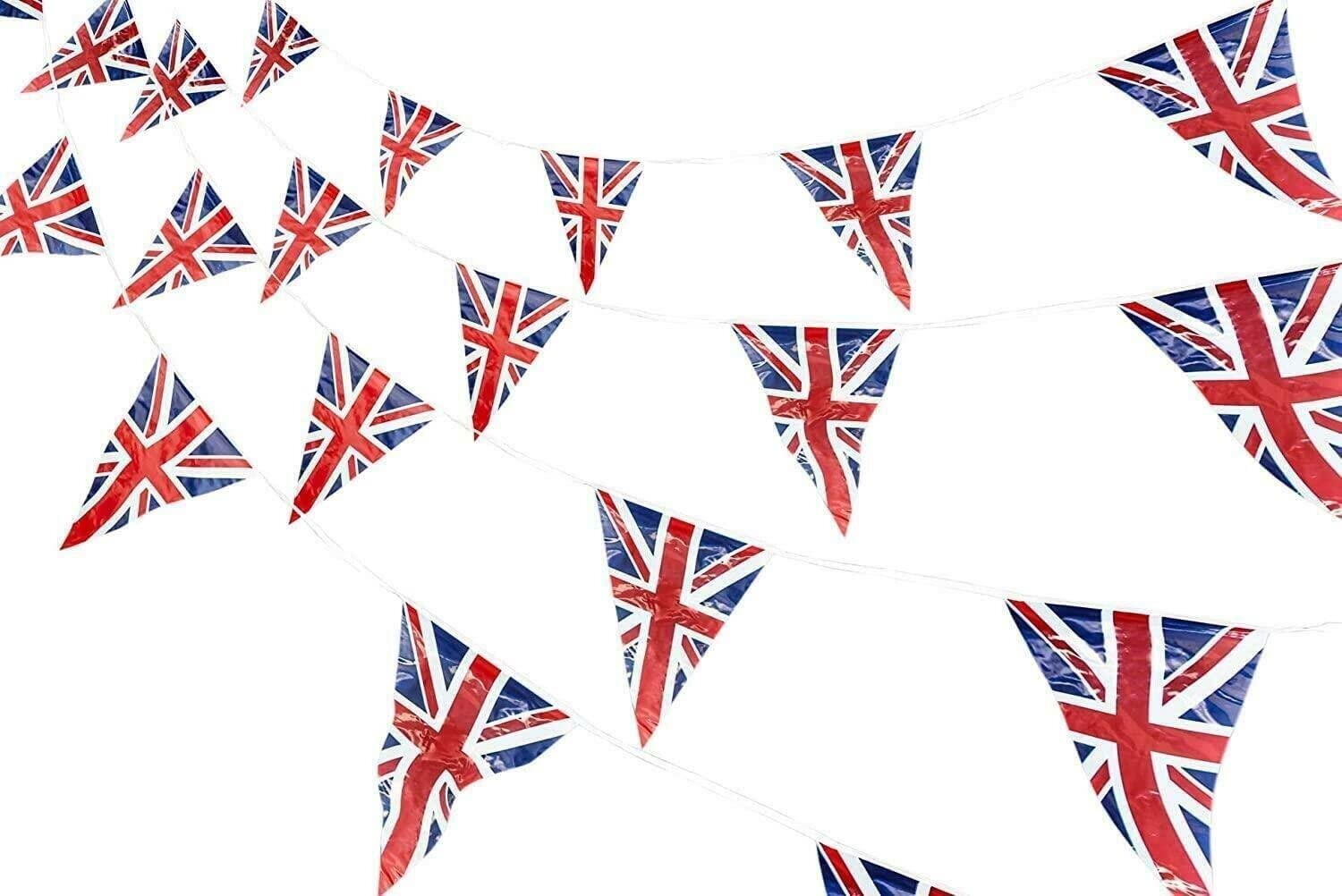 14m Union Jack Bunting with 50 Large Triangle Flags Red White Blue for Sports Royal Event Street Party Decorations