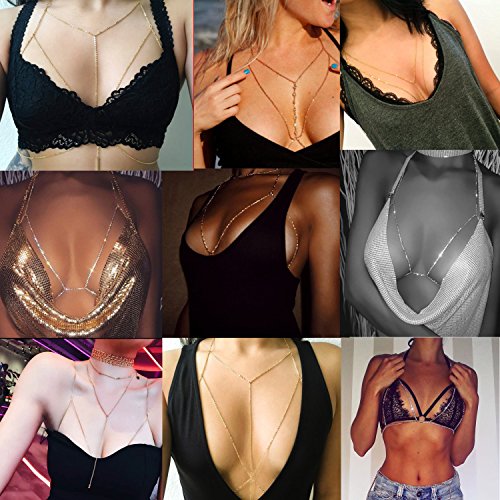 Tornito 4Pcs Bra Chain Sexy Belly Waist Chain Pendent Necklace Summer Beach Bikini Body Chain Jewelry for Women Gold Tone