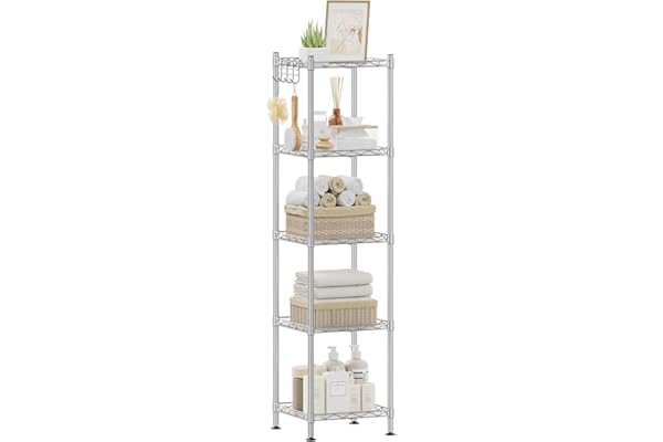 SONGMICS 5-Tier Bathroom Shelf, Storage Rack for Small Space, with 5 PP Shelf Liners, Removable Hook, Extendable Design, Silv