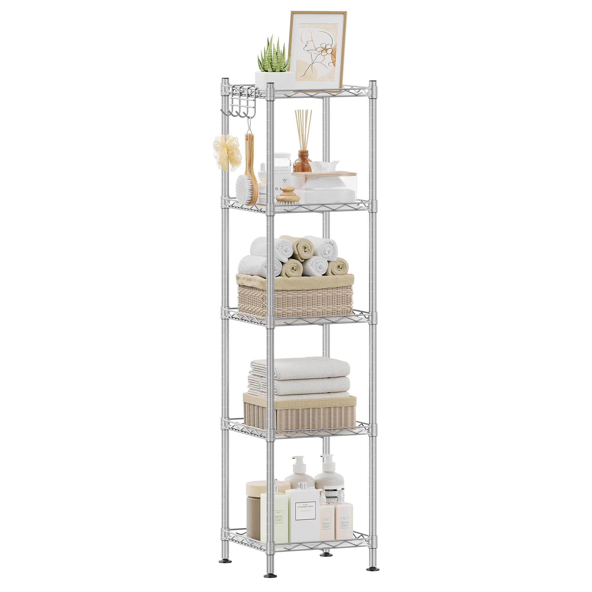 SONGMICS Bathroom Shelf, Metal Storage Rack, Total Load Capacity 100 kg, with 5 PP Sheets, Removable Hooks, 30 x 30 x 123.5 cm, Expandable Design, for Small Space, Silver and Translucent LGR023S01