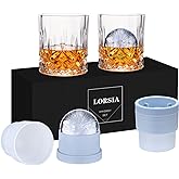 Whiskey Rocks Glass, Set of 4 (2 Crystal Bourbon Glasses, 2 Round Big Ice Ball Molds) In Gift Box - 10 Oz Old Fashioned Glass