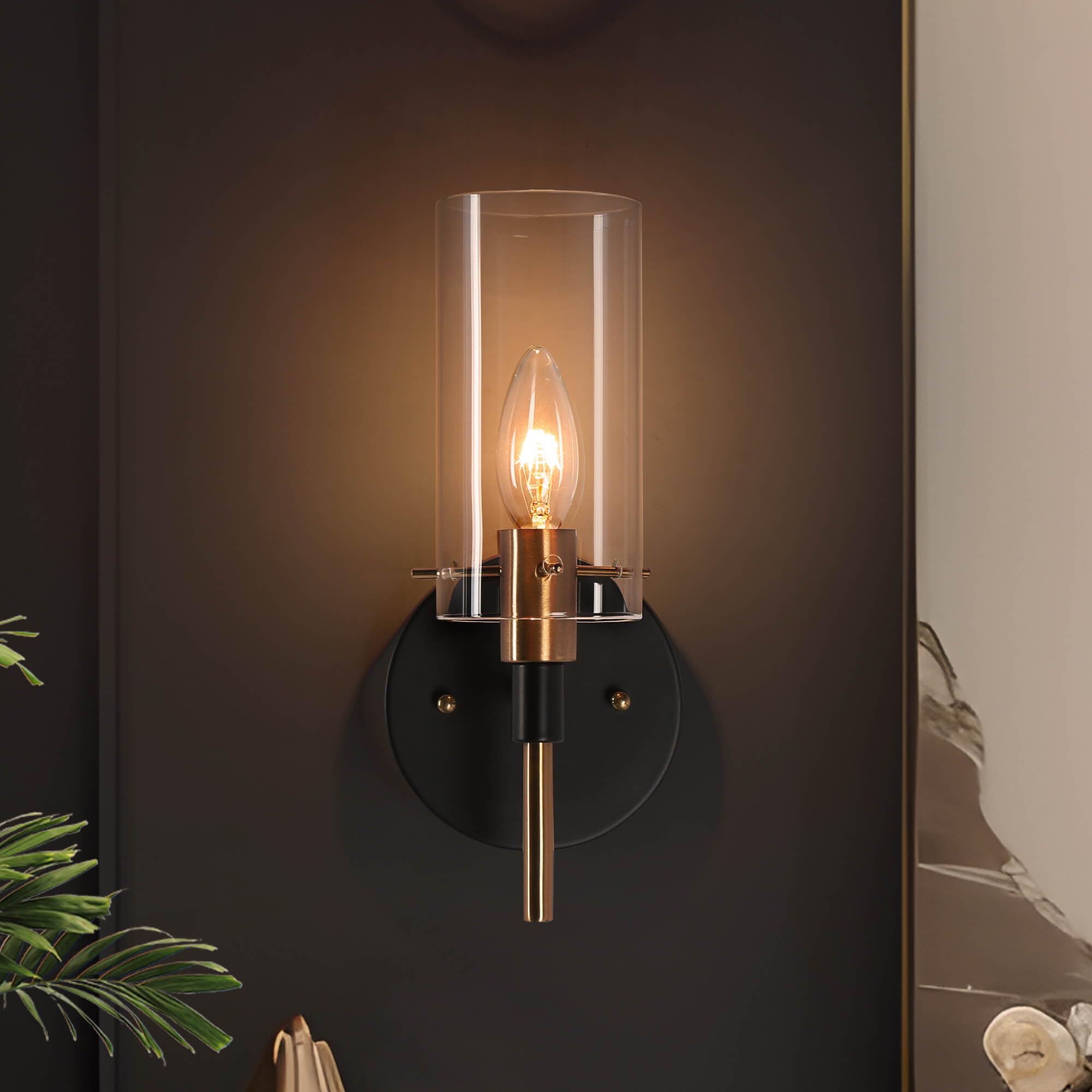 Photo 1 of KSANA Black and Gold Wall Sconce, Modern Glass Wall Light Fixture for Living Room, Bathroom, Bedroom, and Hallway 1-Light