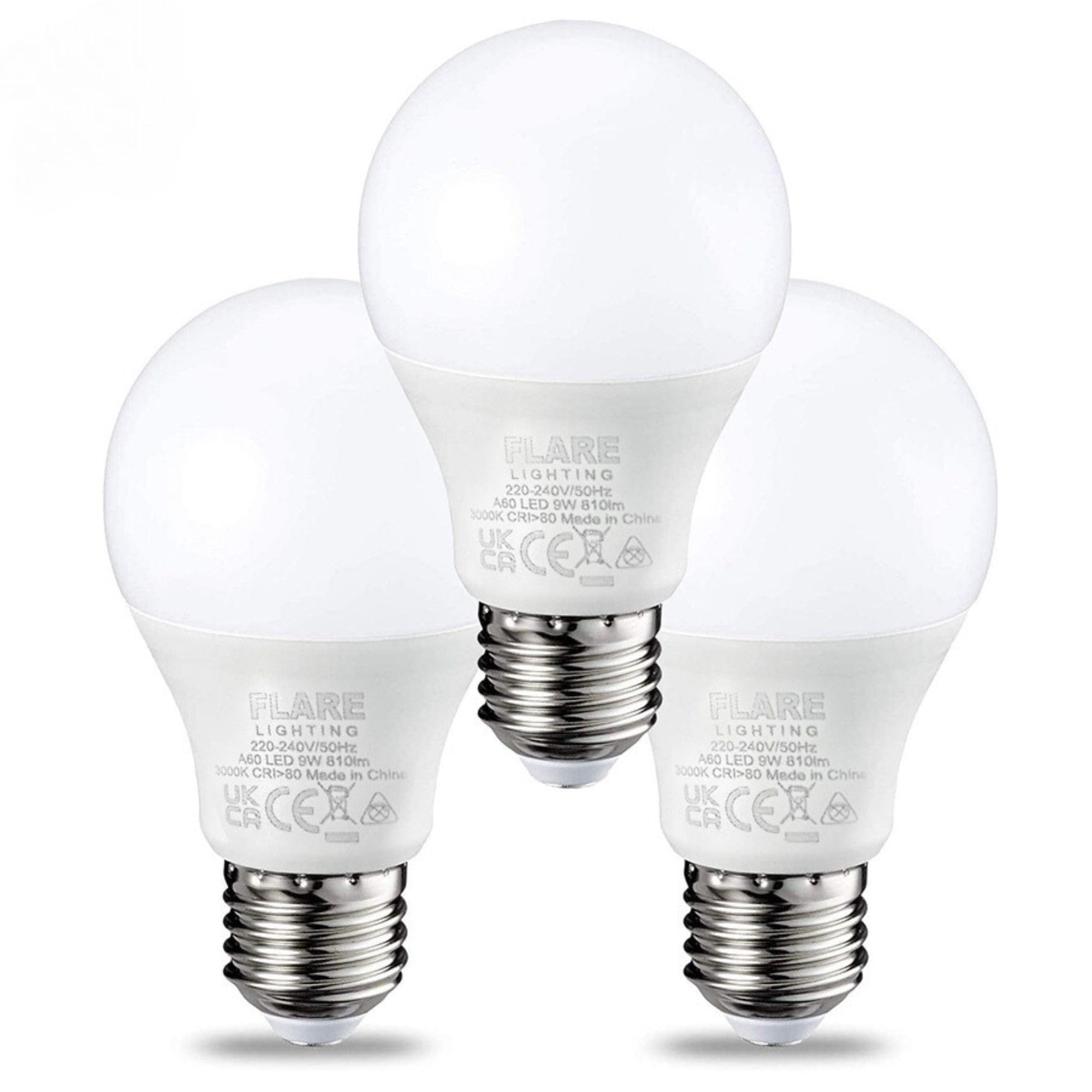 FLARE LIGHTING E27 Screw Bulb 60W Equivalent (3 Pack), LED Light Bulb Warm White 3000k, 9W Energy Saving and Super Bright, Quick to Full Brightness Level 810 Lumens