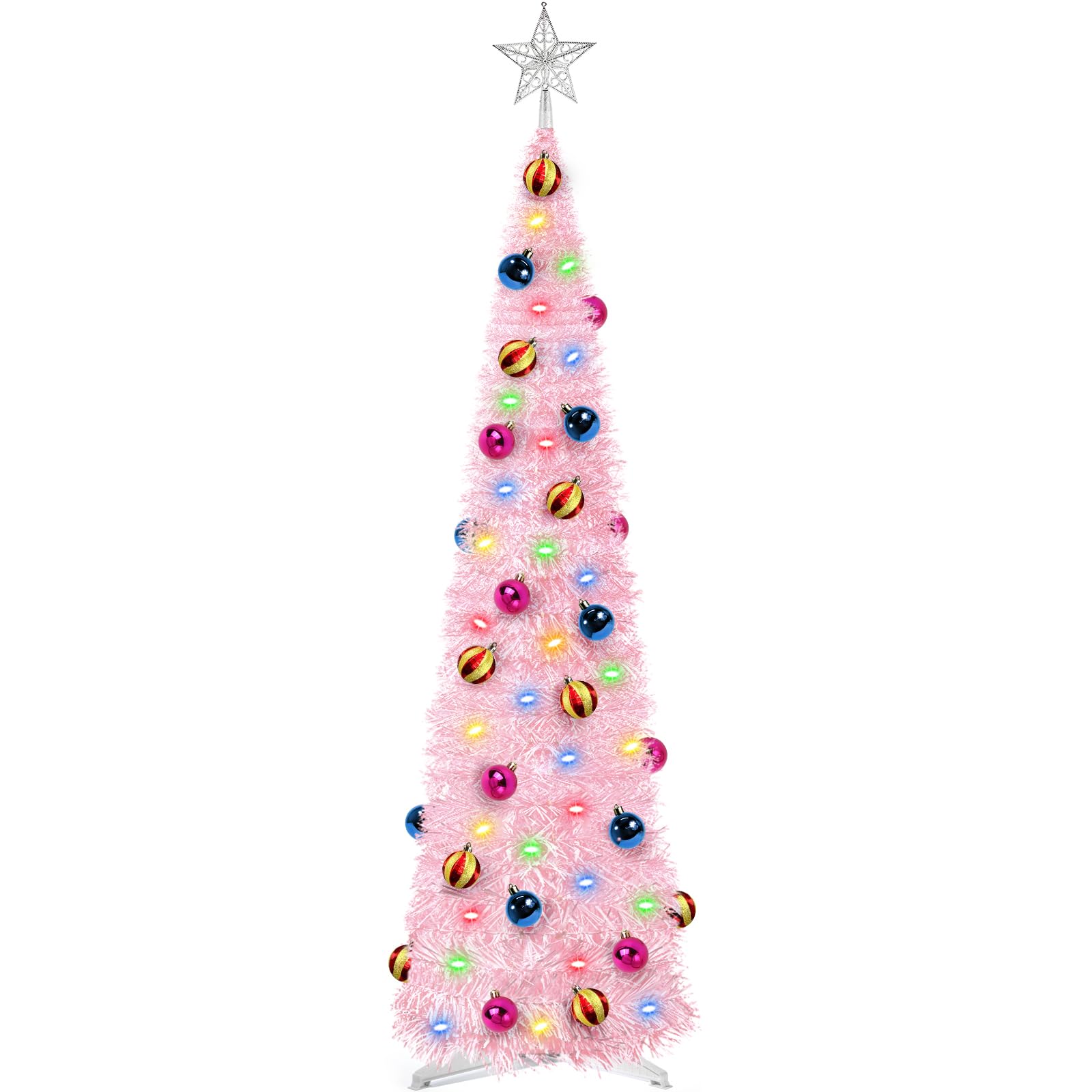 Photo 1 of 5 Ft Pop Up Tinsel Christmas Tree with Timer 60 Warm Multi Color Change Lights 25 Ball Ornaments 4 Modes 3D Star Battery Operated Artificial Xmas Tree Home Indoor Outdoor Decor (Pink)