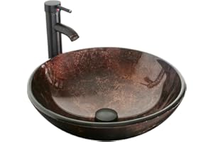 eclife 16.5" Bathroom Vessel Sink Modern Artistic Single Brown Round Tempered Glass Basin Countertop Bowl Sink for Lavatory Vanity Cabinet, W/Water Save Faucet Pop Up Drain (A09)