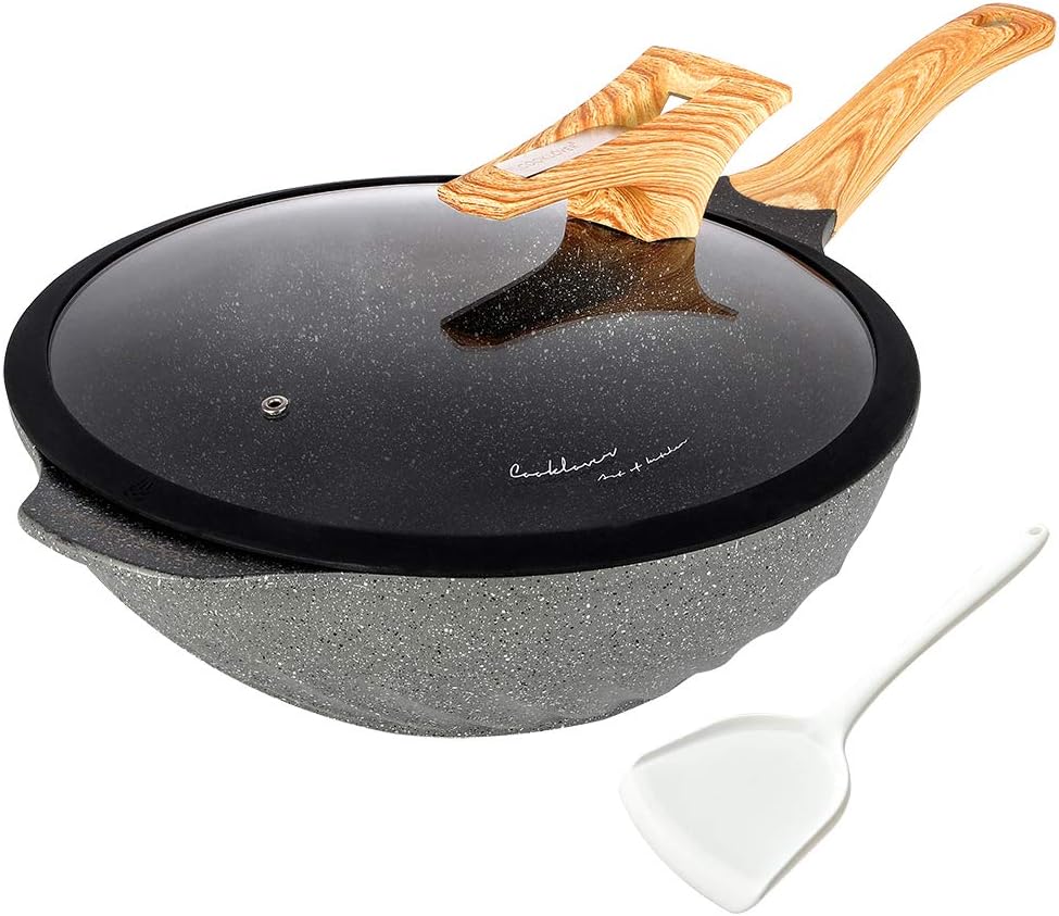 Chinese Wok Nonstick Die-casting Aluminum Dishwasher Safe Scratch Resistant PFOA Free Induction Woks And Stir Fry Pans with Glass Lid 12.6Inch,5.9L,5.6lb - Grey1