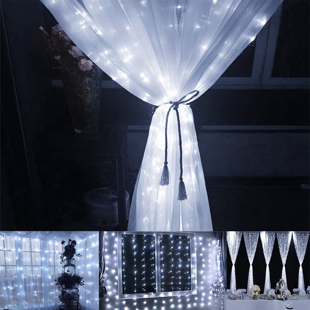 24HOCL 300 LED Window Curtain String Light USB Powered, 4 Music Control 8 Lighting Modes Waterproof Decorative Lights for Wedding Party Home Garden Bedroom Outdoor Indoor Wall Decorations, Cold White