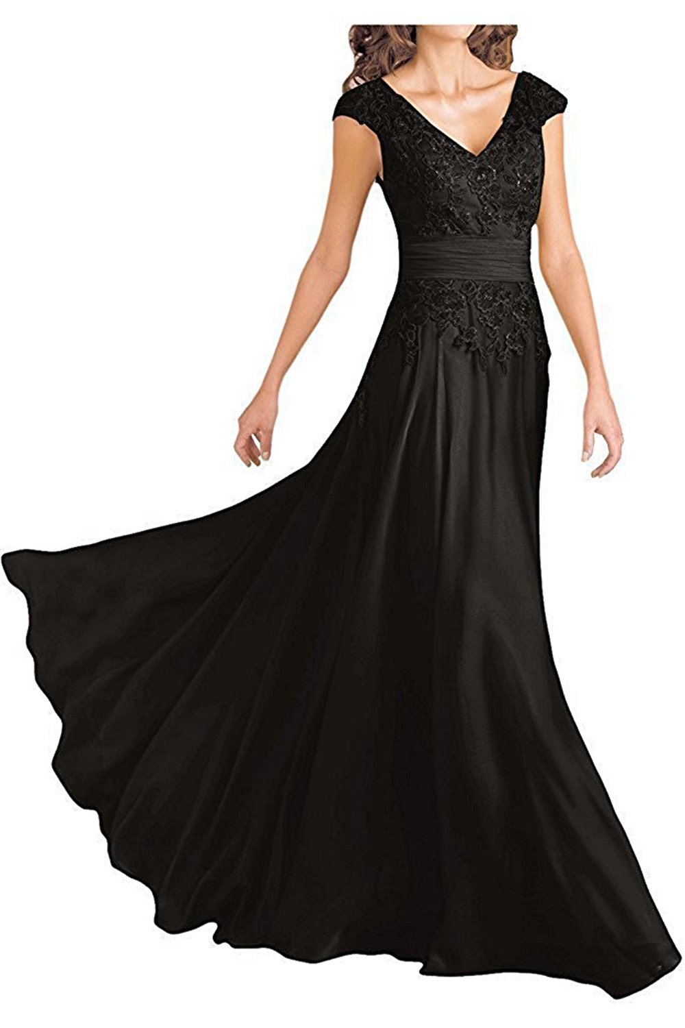 Fitty Lell Women's Long Chiffon Prom Gown V Neck Lace Applique Mother