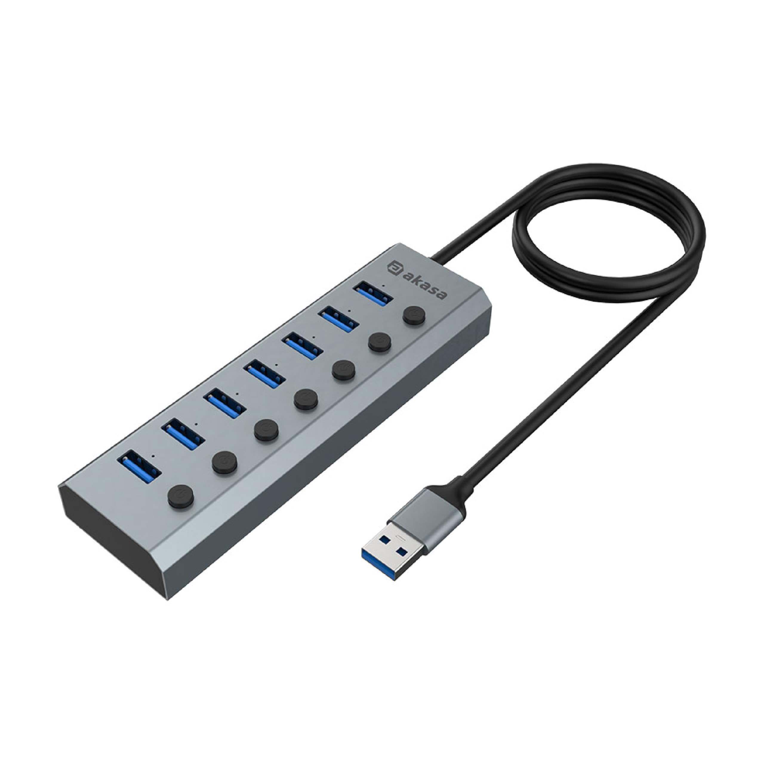 Akasa Powered USB Hub, Aluminium 7 USB Port with 3.2 Gen 1 (5Gbps) Superspeed and Individual Switch for PC Laptop, Desktop and More, Both UK/EU Plugs Included, AK-HB-21BKCM