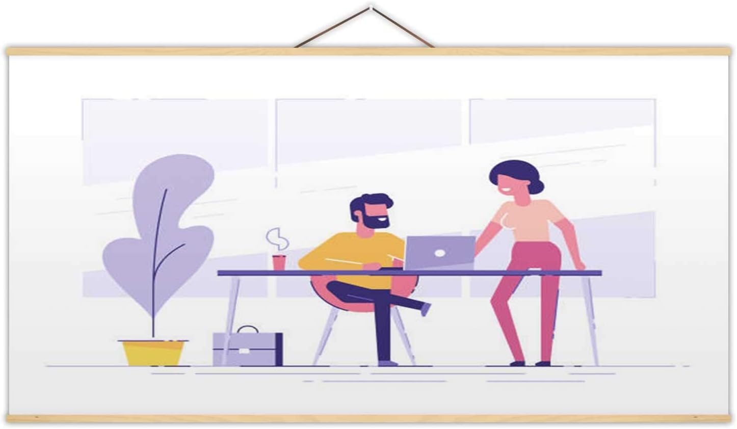 Young Man is Sitting at A Desk with Laptop and His Colleague Pointing to Screen Giving Advice.Office Business Concept.Modern Illustration. Illustration USA,Magnet Print Poster Business for Bedr
