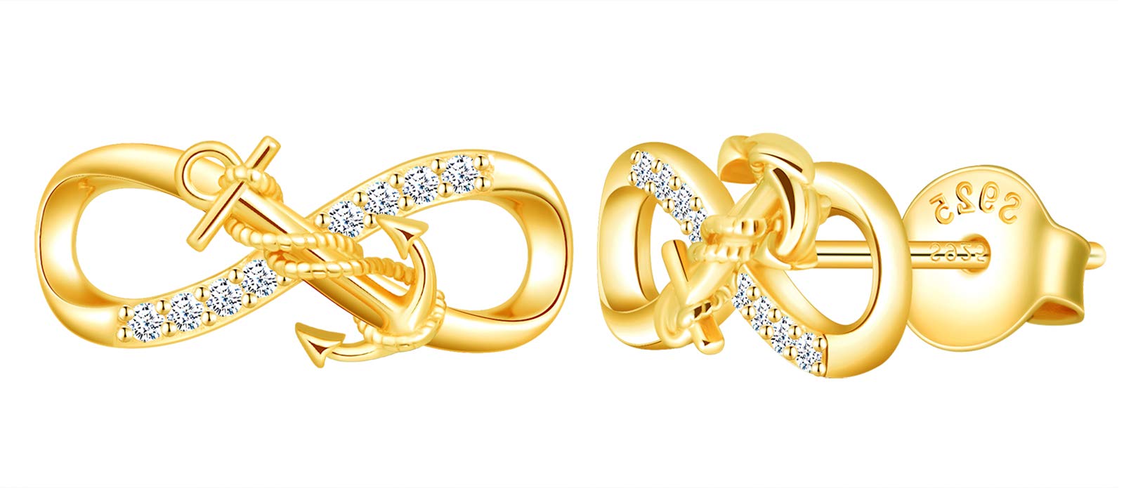 MicLee Woman's girl's Earrings, 925 Sterling silver anchor earrings, Mini infinity symbol earrings studs, Inlaid zircon, gold