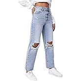 SweatyRocks Women's High Waist Ripped Distressed Cropped Jeans Straight Leg Denim Pants