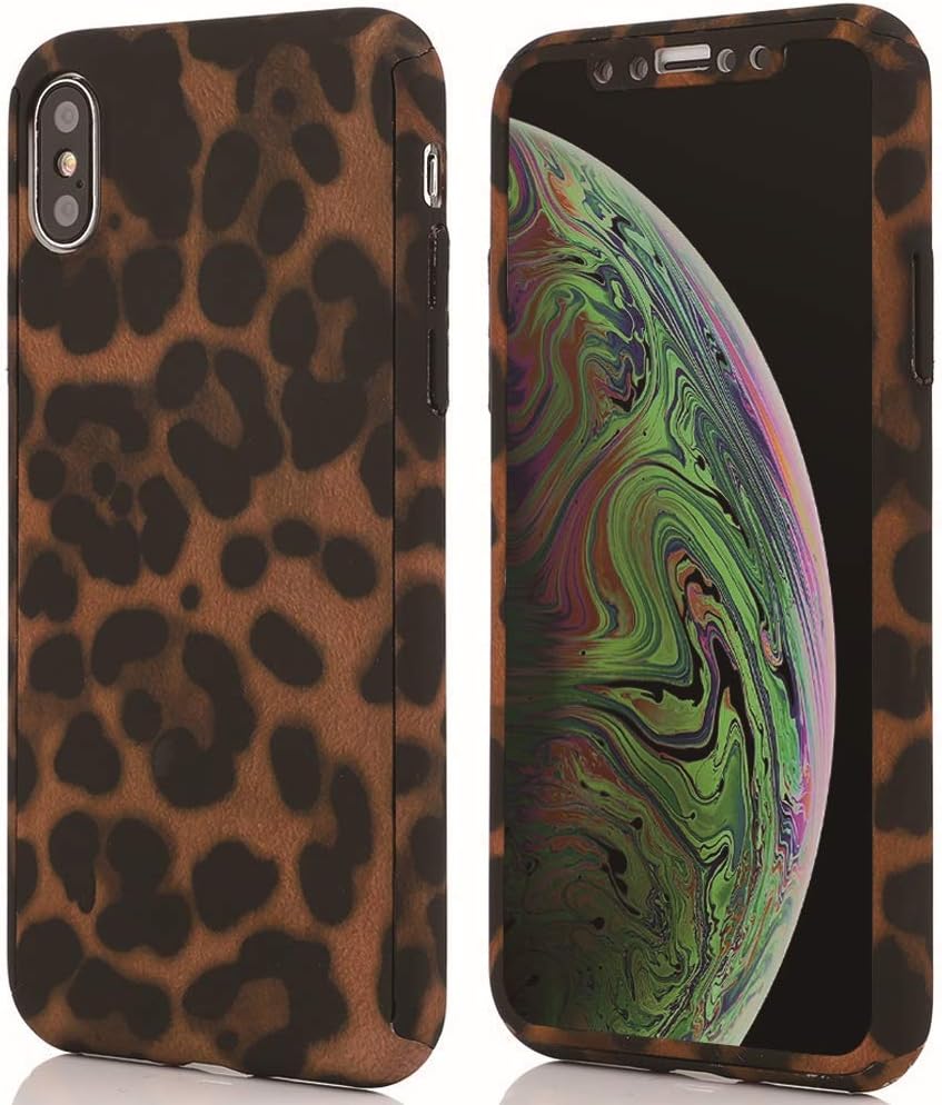 for iPhone X iPhone Xs Case LAPOPNUT 3 in 1 Full Body Leopard Cheetah Print Case Ultra Thin Full Body Coverage Hard Case with Tempered Glass Screen Protector Cover for iPhone X iPhone Xs,Coffee