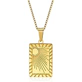 Sun Necklace | Gold Plated Crescent Sun Dog Tag Pendant Necklace with Box Chain, Celestial Design