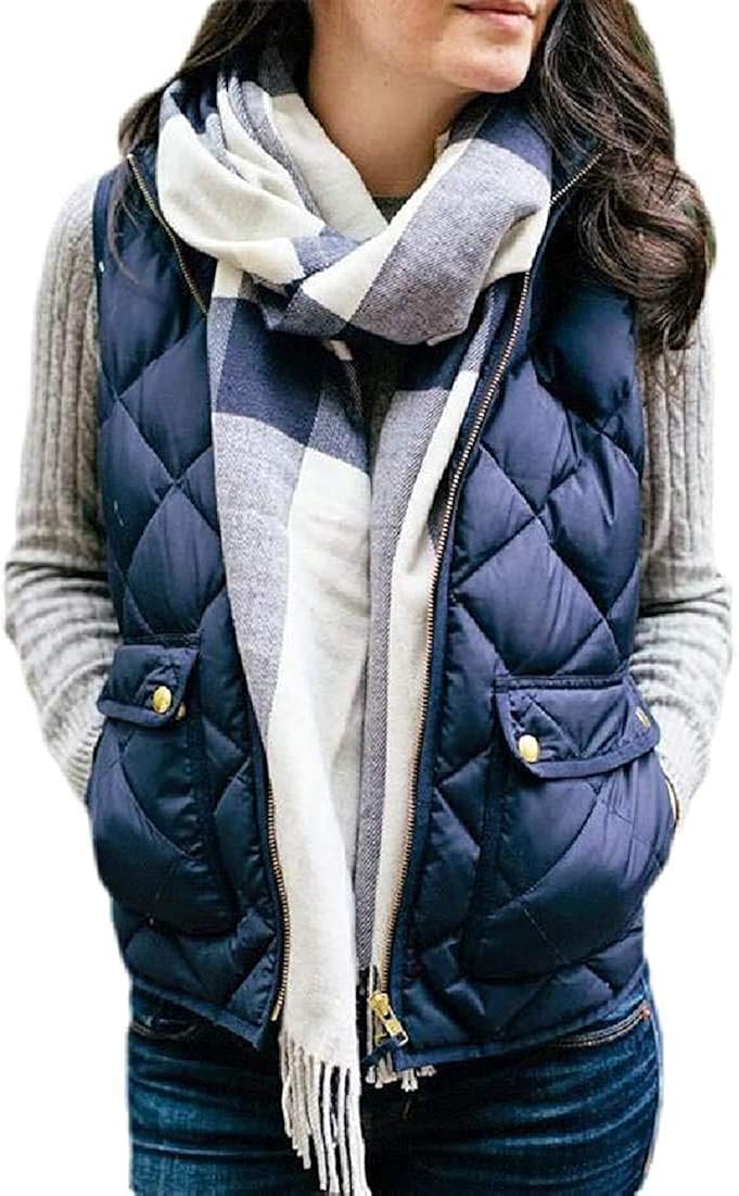 Women Winter Gilet Stand Collar Zipper Quilted Down Vest with Pockets,Blue,Medium Amazon.co.uk