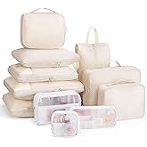 Compression Packing Cubes 11 Set, Suitcase Organizers, Luggage Organizer Bags for Storage, Extendable Packing Cubes for Travel Compression, Travel Essentials, Beige