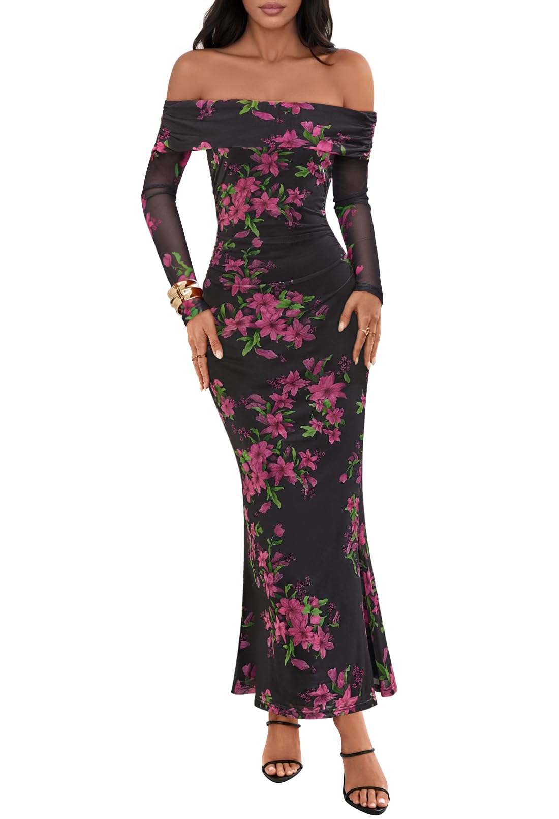 Photo 1 of MEROKEETY Women's Fall Off Shoulder Floral Maxi Dresses Formal Long Sleeve Bodycon Cocktail Wedding Guest Dress, Black, Small
