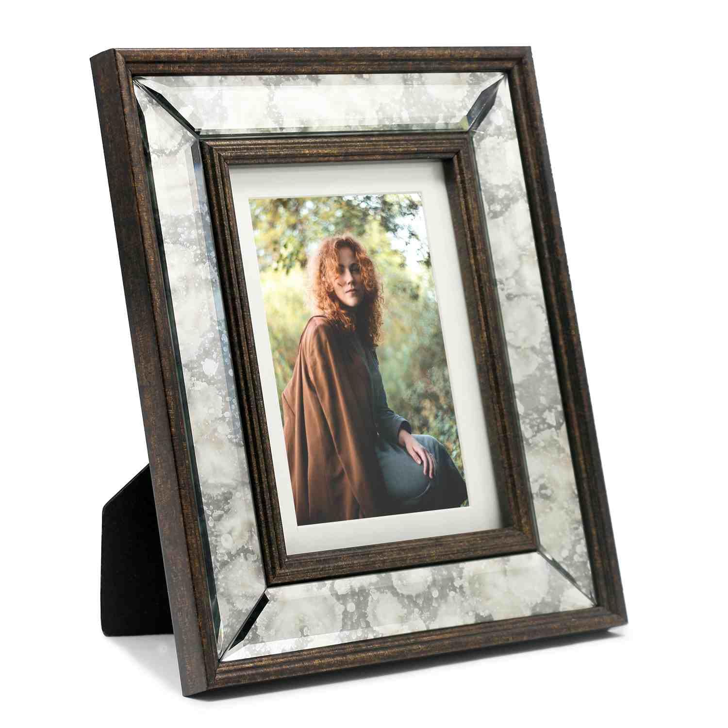 Photo 1 of ***MAJOR DAMAGE*** YUNDINGJI 5x7 Mat 4x6 Beveled Antique Mirror Arc Edge Photo Frame-Organic Glass Black Velvet Back Panel for Family,Wedding,Festival,Art,Wall,Tabletop,Decoration and Display.