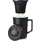 15 OZ Porcelain Tea Infuser Cup with Lid,Ceramic Tea Mug with All-Porcelain Strainer for Loose Leaf Teas,Microwave and Dishwasher Safe Tea Mug,Metal-Free,BPA-Free for Tea-Lover/Valentine's Day (Black)