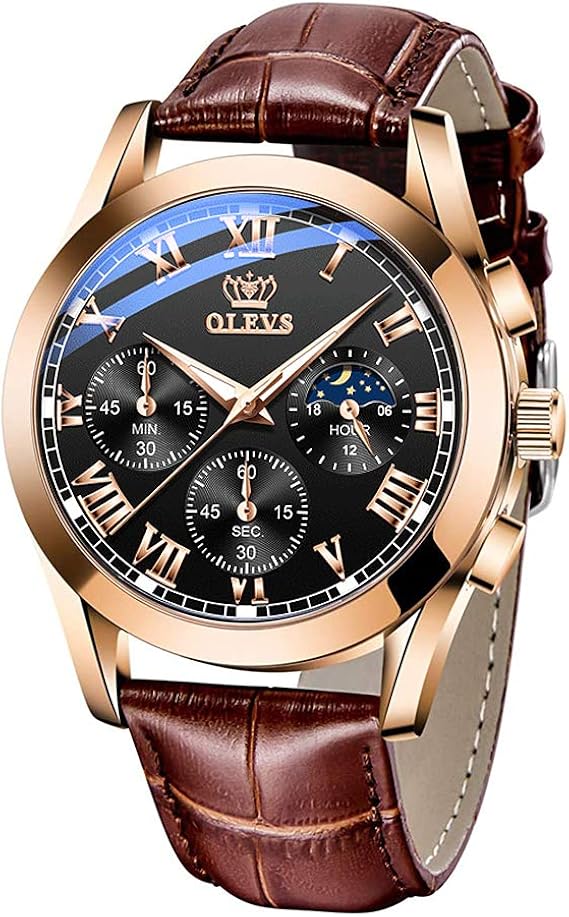 OLEVS Men Watch Brown Leather Black Face Moon Phase Analog Quartz Date Business Dress Wrist