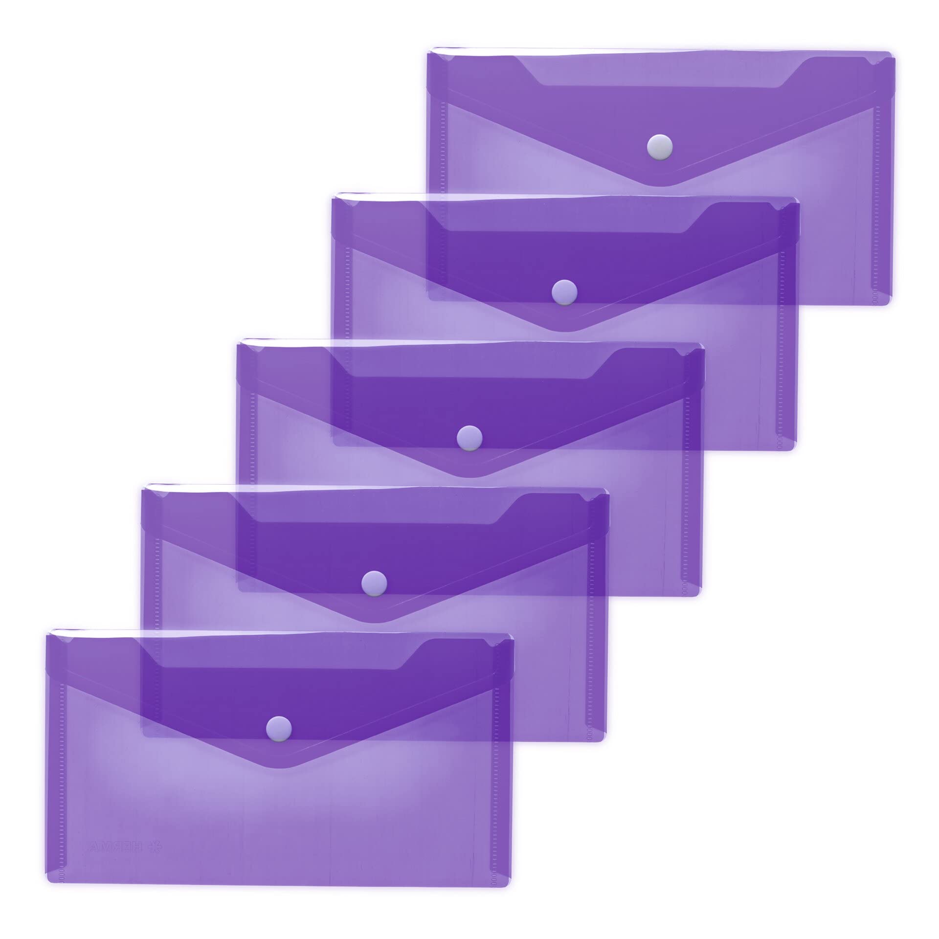 HERMA 20042 Document Wallets DIN Long (22 x 12 cm, Polypropylene, Pack of 5) Transparent Pockets with Press Stud for School, University, Office, PP Envelopes in Purple