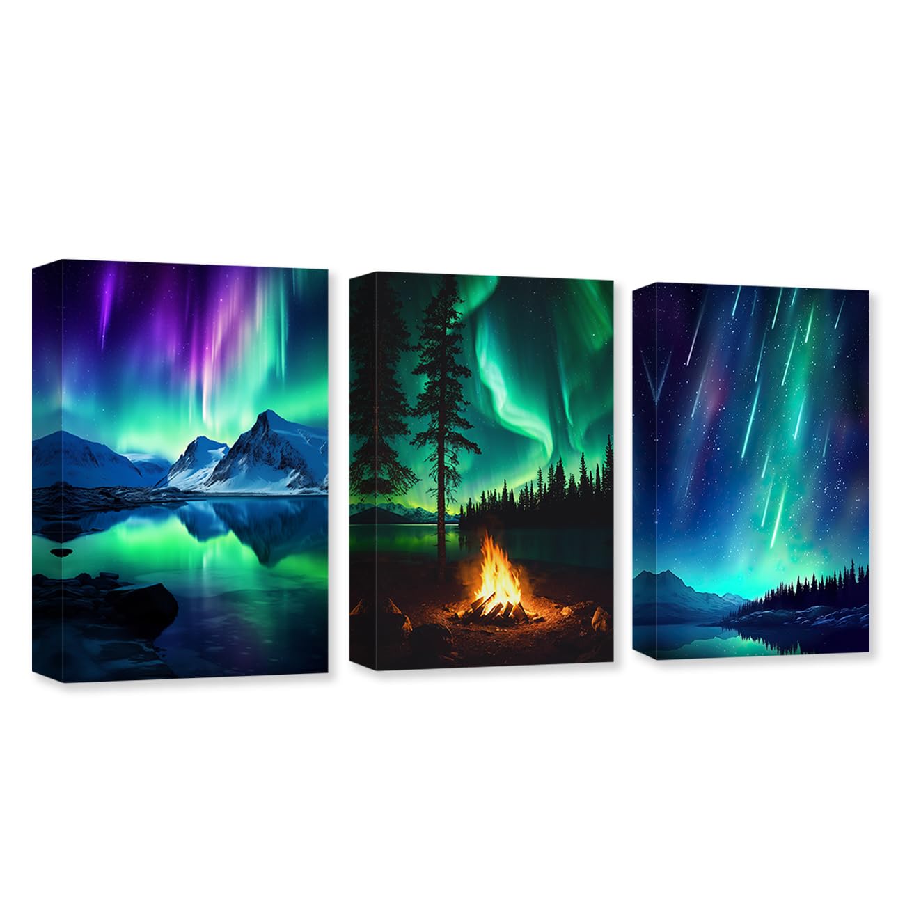 CXHOSTENT 3 Panels Aurora Borealis Canvas Wall Art Northern Lights Wall Decor Snow Mountain Lake Forest Bonfire Pictures Large Living Room Decor Frame (Aurora Borealis - 1, 30x40cmx3Pcs)