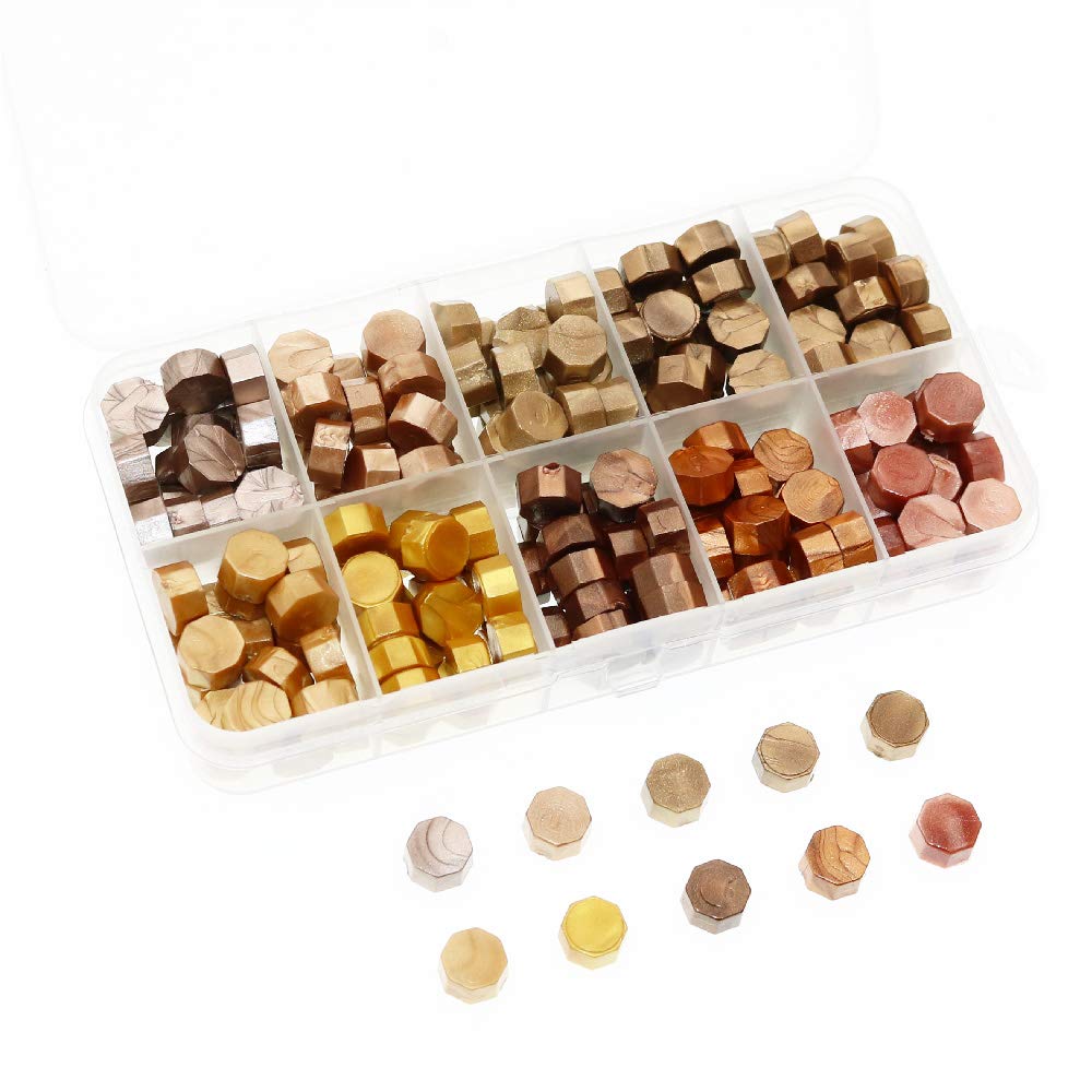 BITEYI Sealing Wax Beads,Octagon Sealing Wax Beads for Wax Stamp Sealing Letter and Vintage Wedding Invitation Decorative,10 Colors,200 pcs (Golden)