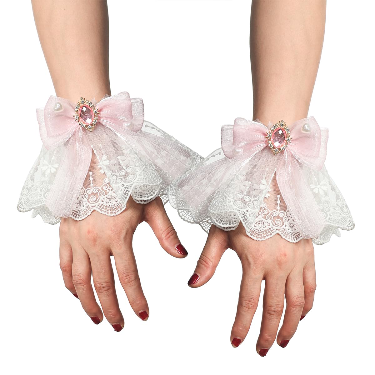 COSDREAMER women black gloves Lolita Ruffle Cuffs Steampunk Wrist Cuff Bracelet (White pink)