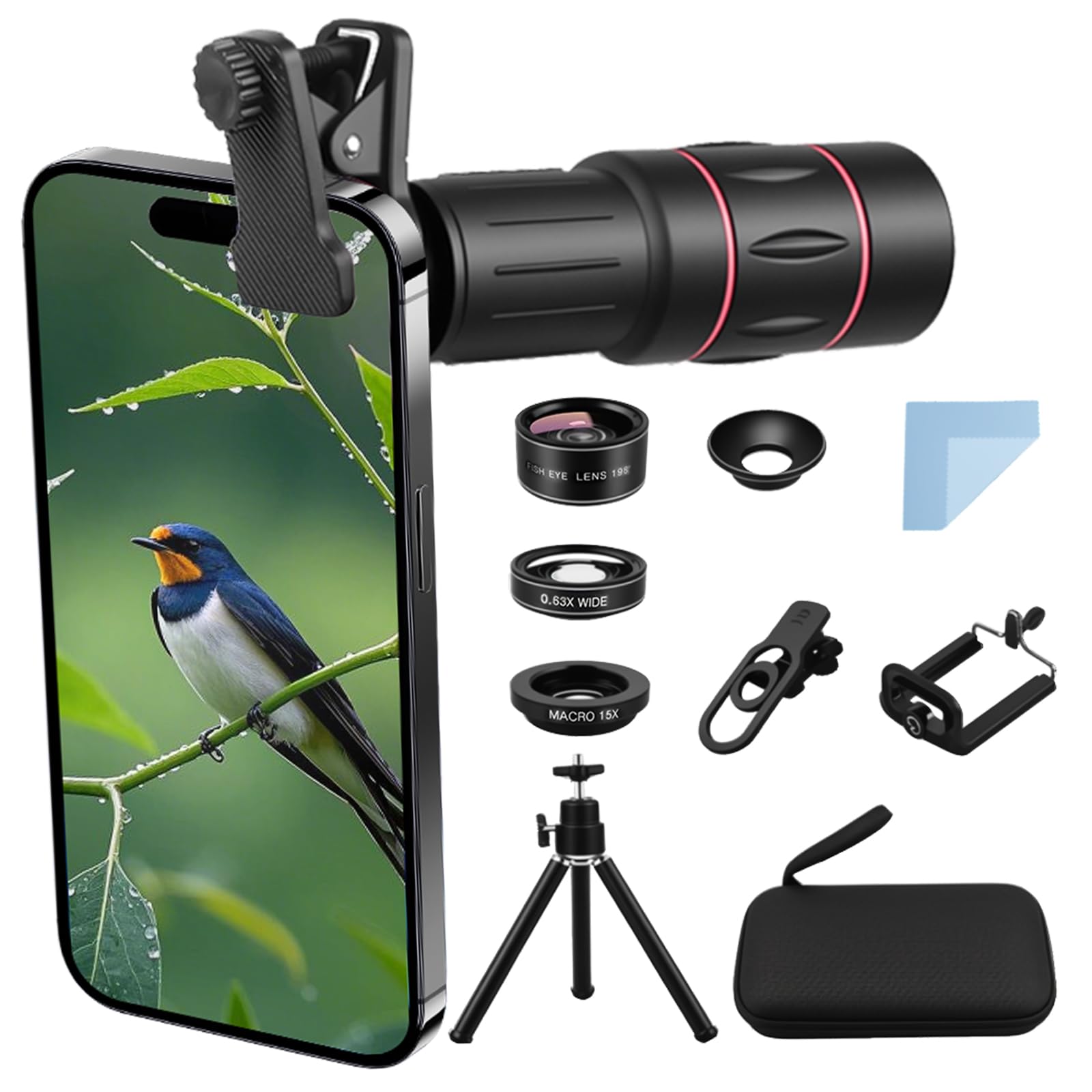 Photo 1 of 28X Long Focus Telephoto Phone Lens for iPhone and Android, Hight Power Telephoto Phone Lens with Tripod, Mobile Cell Lens Attachment for Android & iPhone, Samsung and Most Smartphone