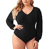 Milumia Women's Plus Size V Neck Long Sleeve Bodysuit Leotards Basic Shirts Jumpsuit