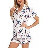 RUEWEY Women Satin Pajamas Set Star Print Buttton Down Shirt With Chest Pocket Shorts Lounge Set Sleepwear