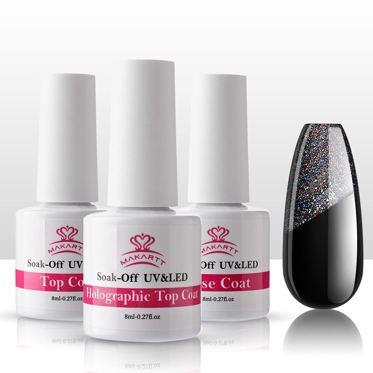 Makartt Holographic No Wipe Top Base Coat Set Soak Off UV LED Gel Nail Polish Glitter Mirror Top Base Coat Poly Nail Extension Gel Shine Finish and Long Lasting 8ml P-59 : Beauty